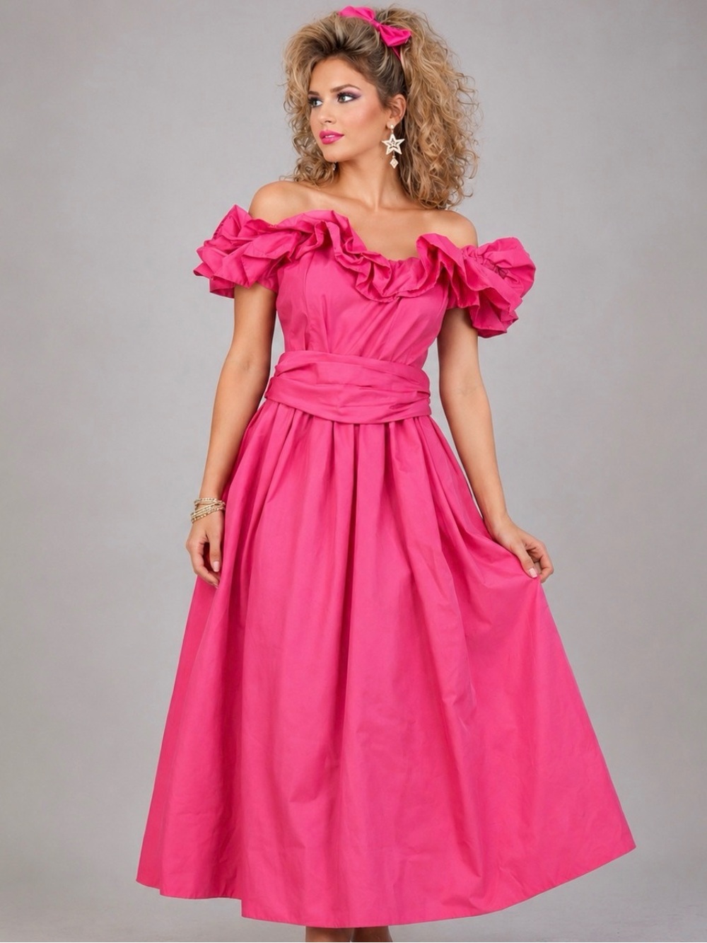 Vintage Hot Pink Off-Shoulder Ruffled Midi Dress